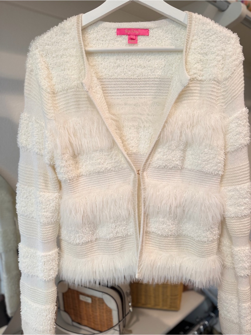 Lilly Pulitzer — White Fuzzy Zip-Up Cardigan